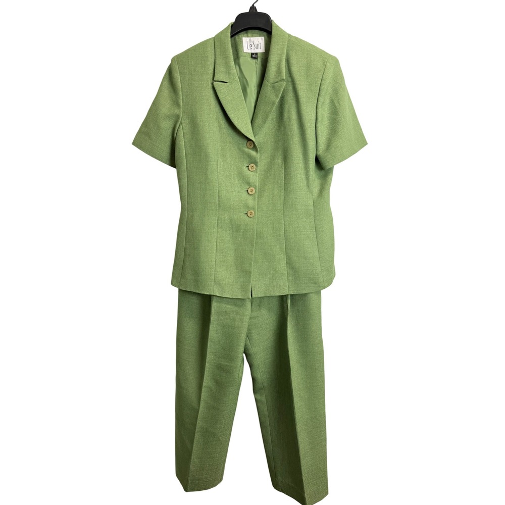 Le Suit Womens Sage Green Short Sleeve Blazer and Pleated Pants Set Size 12